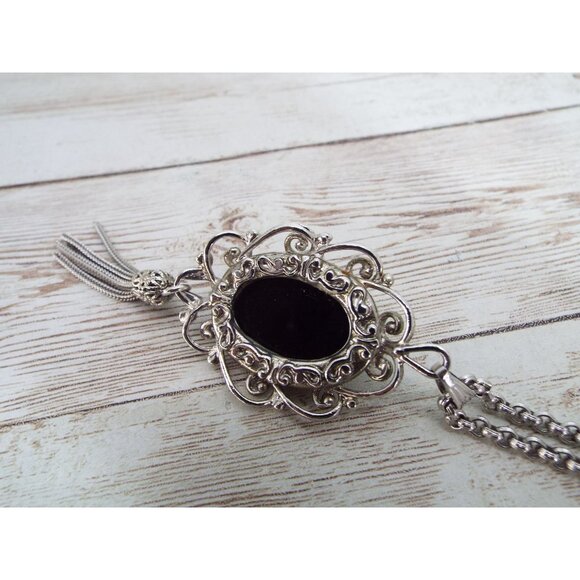 Vintage Whiting & Davis Silver Tone Black Cabochon Pendant Necklace - Picture 7 of 10